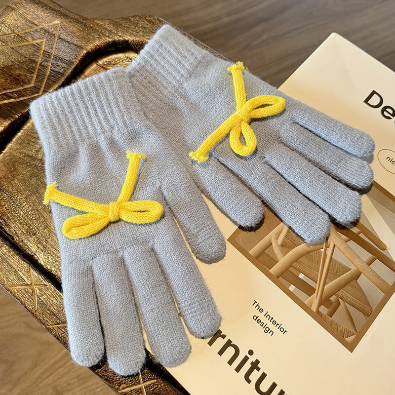 Knit Gloves With Tie Bow Detail - Blue