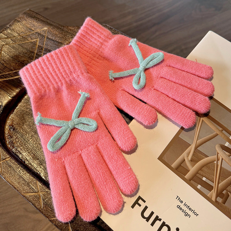 Knit Gloves With Tie Bow Detail - Rose