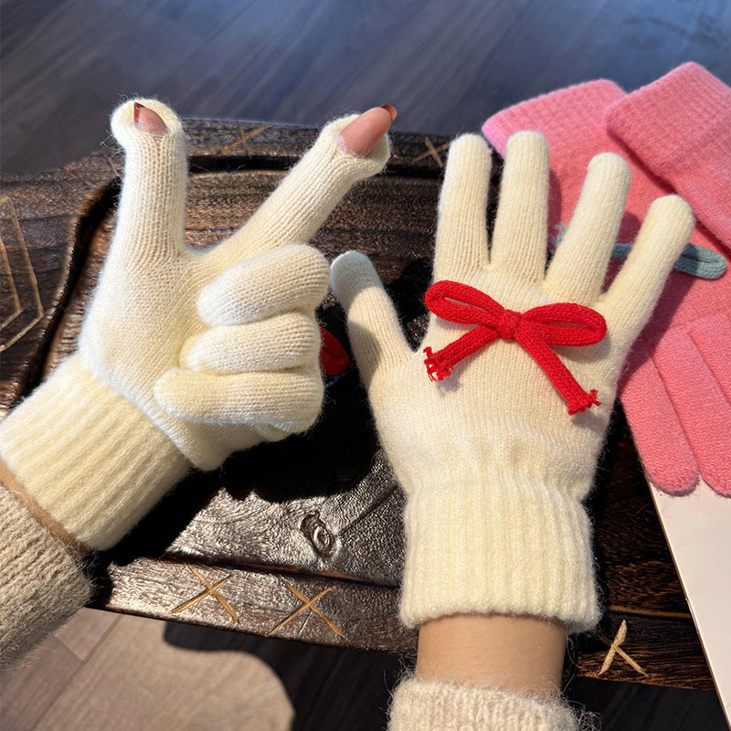 Knit Gloves With Tie Bow Detail - White