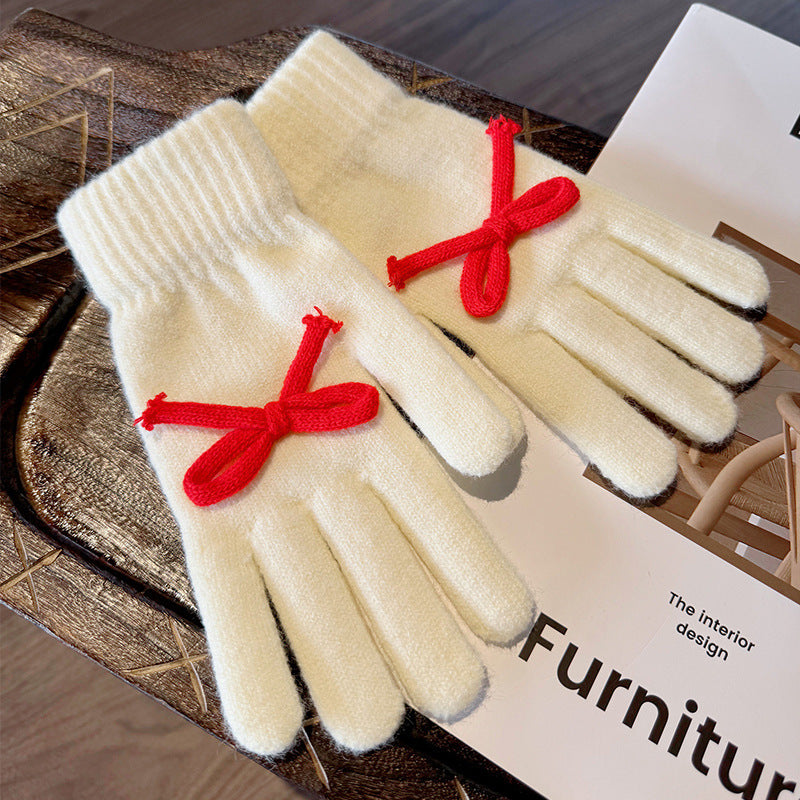 Knit Gloves With Tie Bow Detail - White - 1