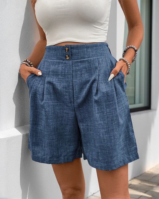 High-Waisted Pleated Tailored Bermuda Shorts - Blue_2 - 1
