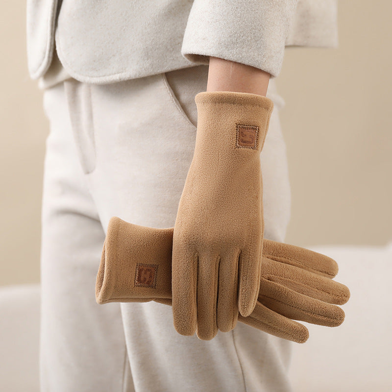 Plush Fleece Full Finger Winter Gloves - Khaki