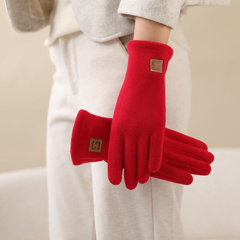 Plush Fleece Full Finger Winter Gloves - Red