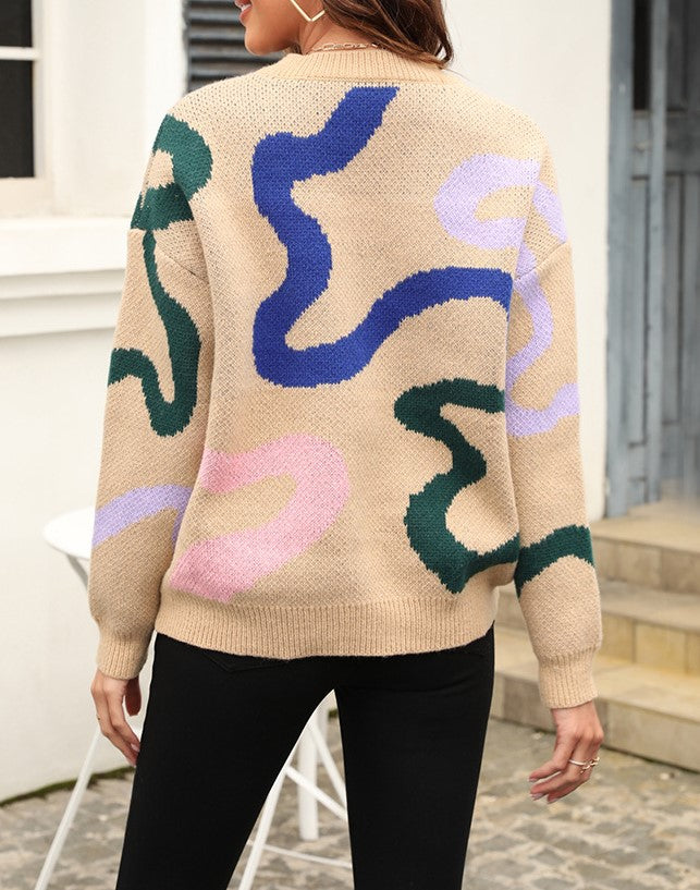 Abstract Squiggle Print Crewneck Sweater - Khaki - 3