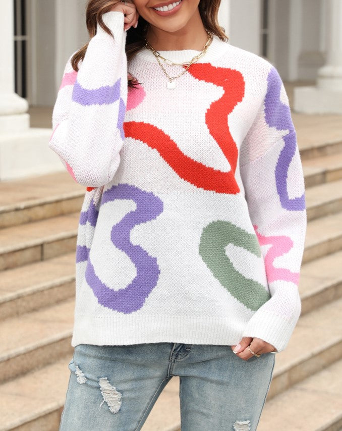 Abstract Squiggle Print Crewneck Sweater - White