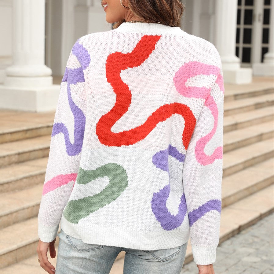 Abstract Squiggle Print Crewneck Sweater - White - 2