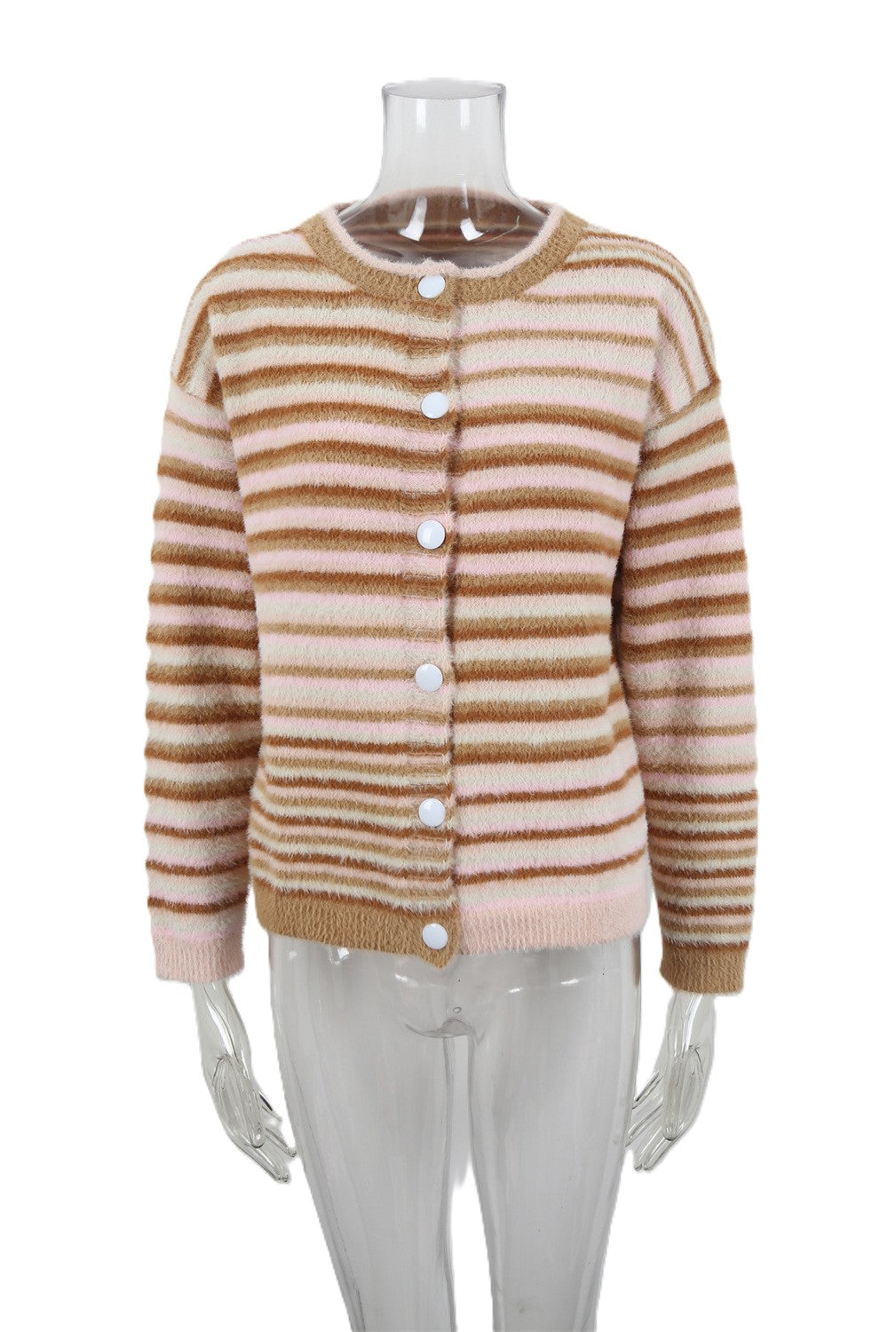 Striped Knit Cardigan With Button Front - Khaki - 1