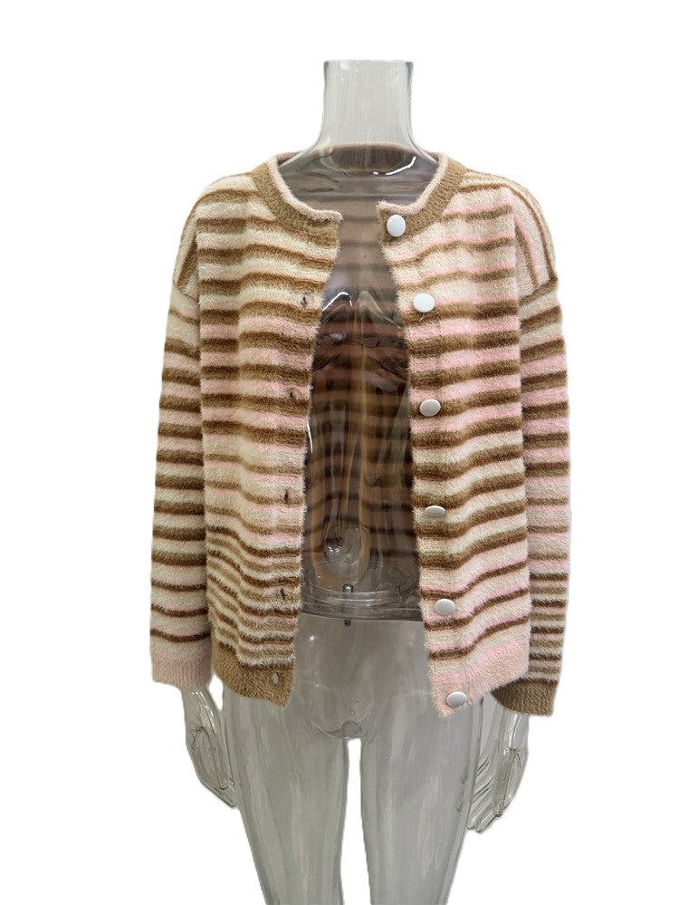 Striped Knit Cardigan With Button Front - Khaki - 2