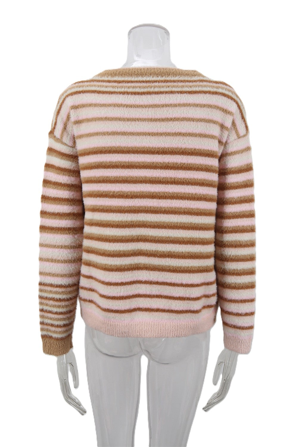 Striped Knit Cardigan With Button Front - Khaki - 3