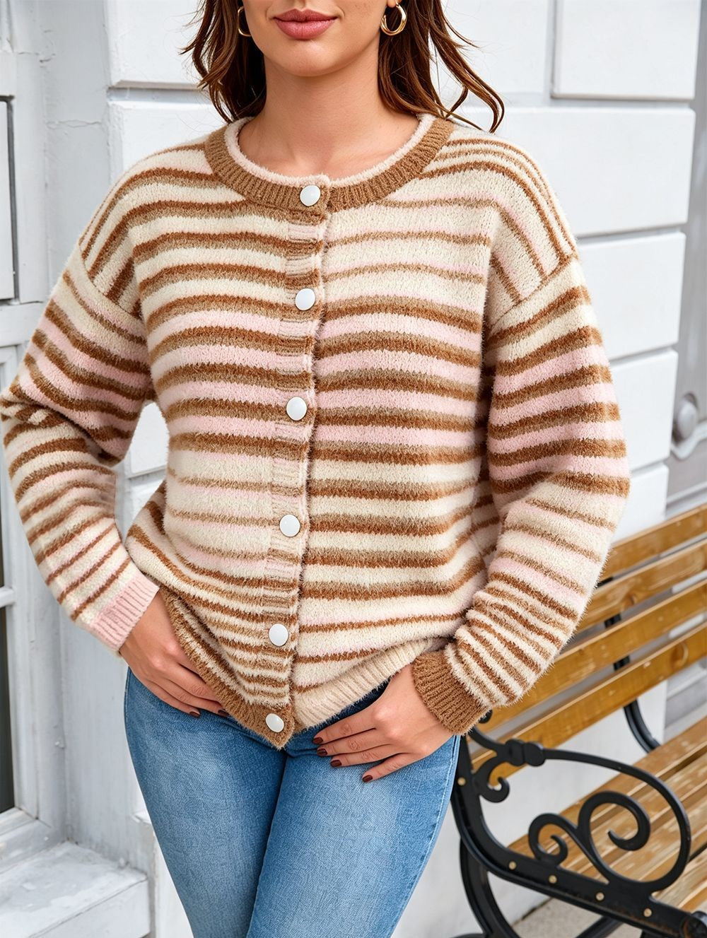 Striped Knit Cardigan With Button Front - Khaki - 4