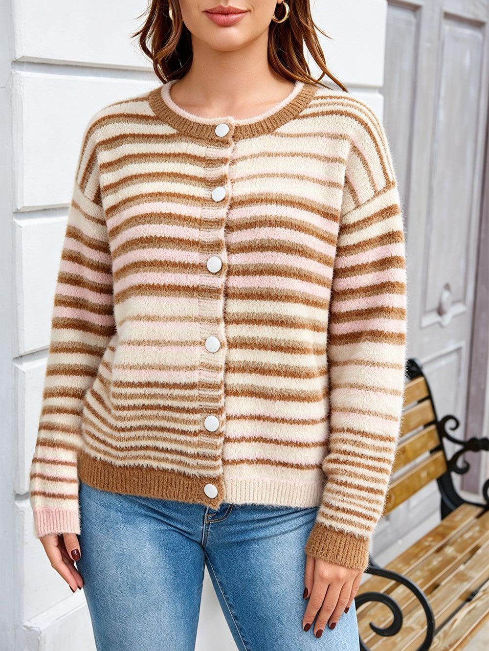 Striped Knit Cardigan With Button Front - Khaki - 5