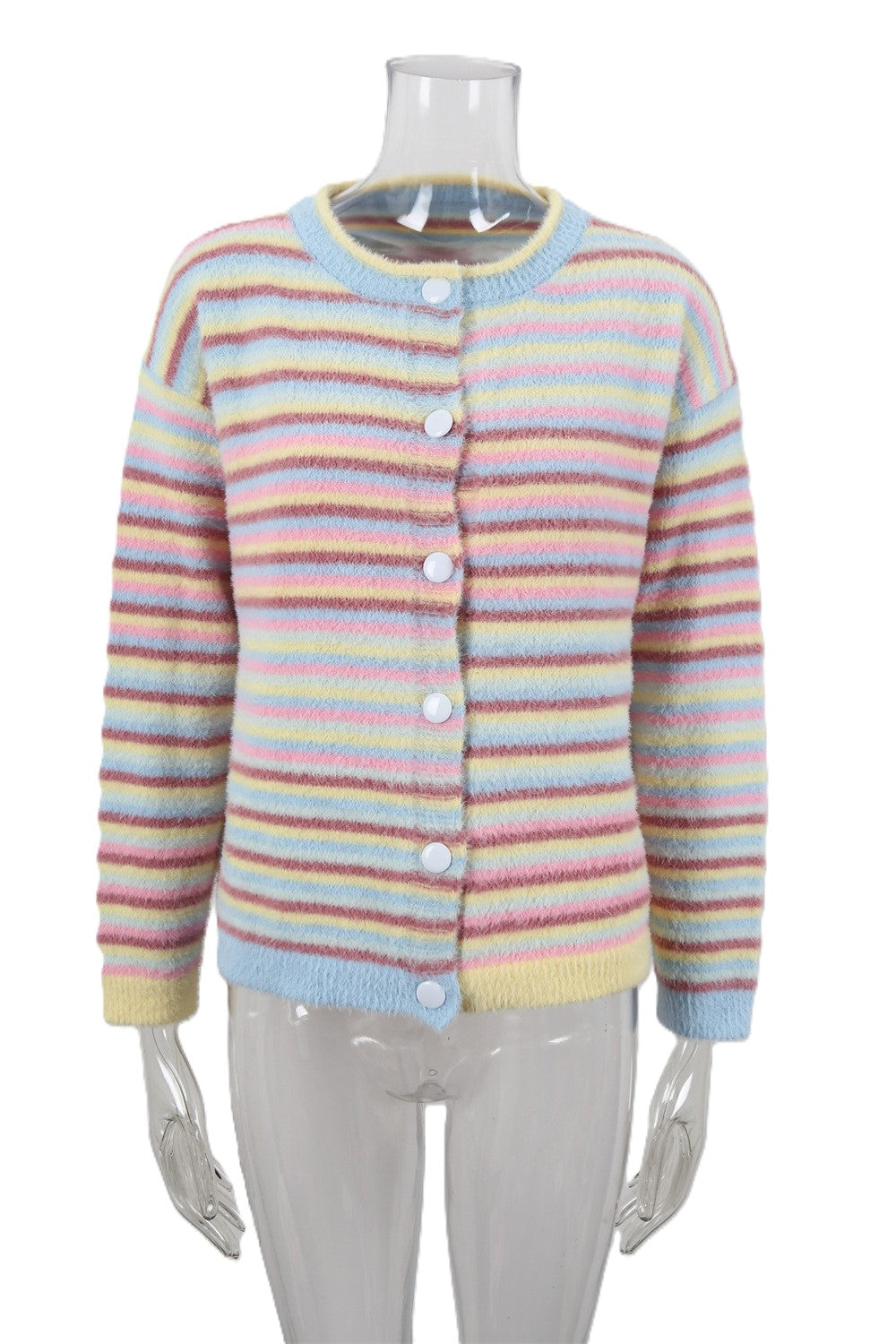 Striped Knit Cardigan With Button Front - Pink