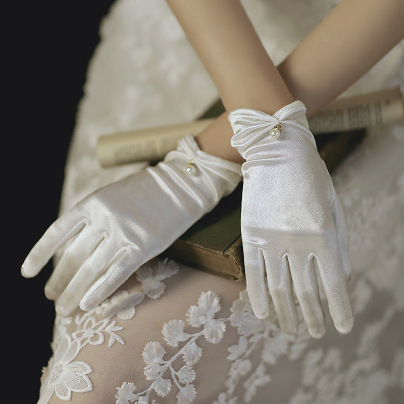 Satin Bow Wrist Length Bridal Gloves - White