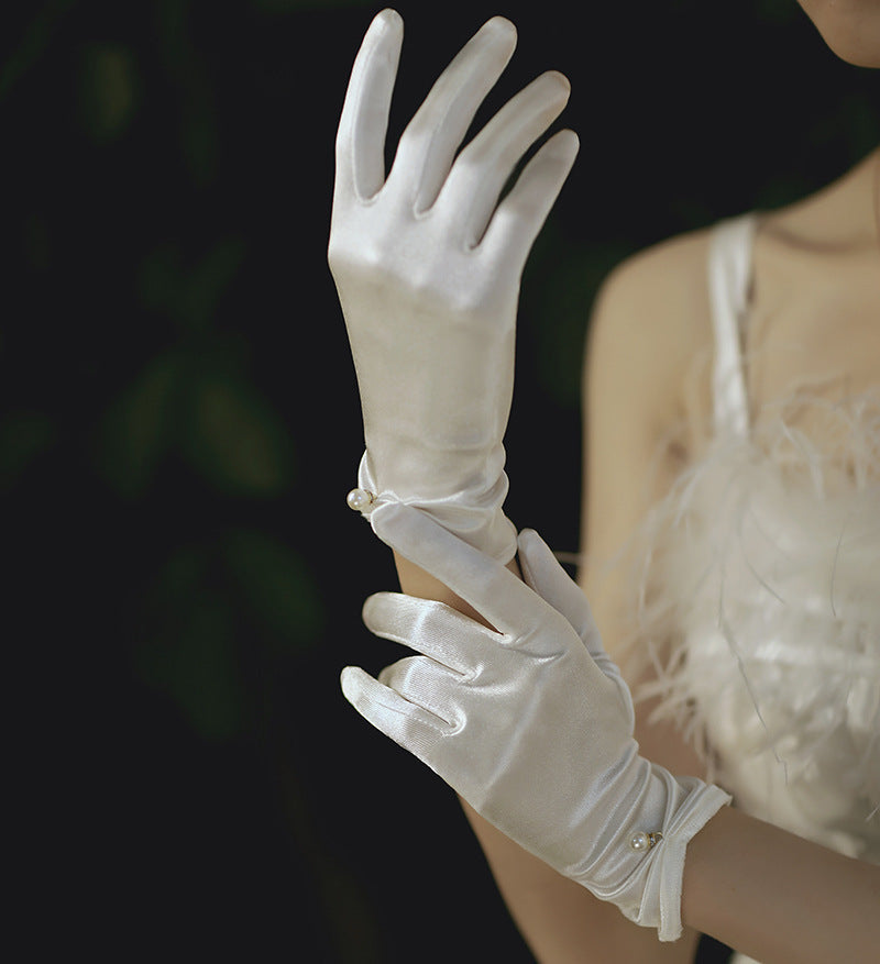 Satin Bow Wrist Length Bridal Gloves - White - 1