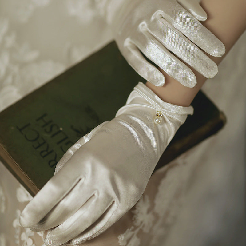 Satin Bow Wrist Length Bridal Gloves - White - 2