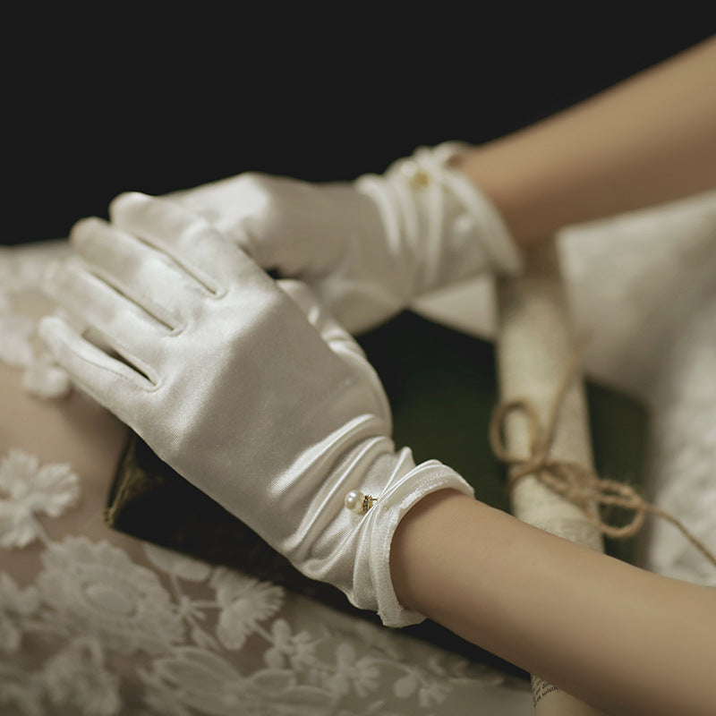 Satin Bow Wrist Length Bridal Gloves - White - 3