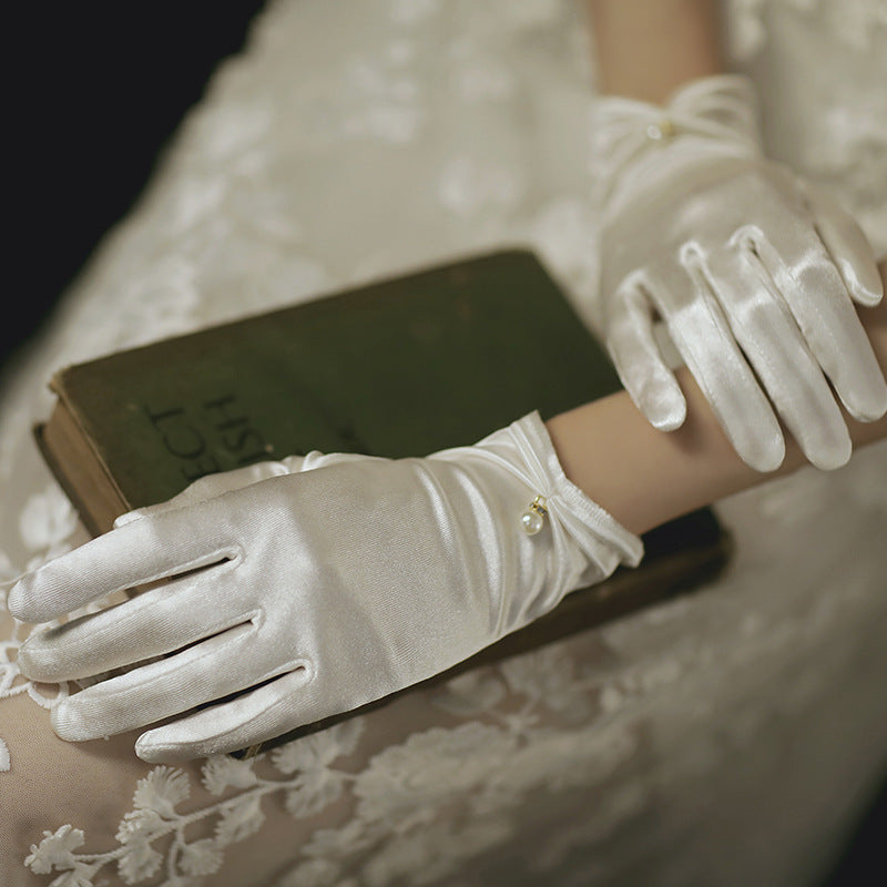Satin Bow Wrist Length Bridal Gloves - White - 4
