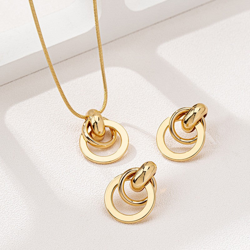 Gold Knot Circle Pendant Necklace And Earring Set