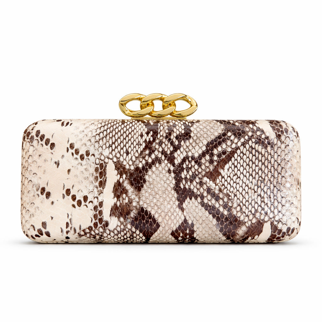 Snake Print Structured Clutch With Chain - Apricot