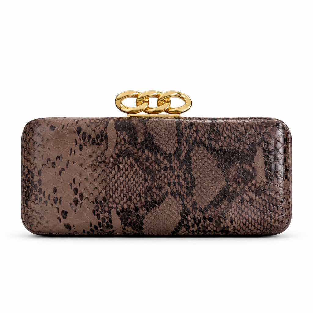 Snake Print Structured Clutch With Chain - Chestnut