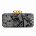 Snake Print Structured Clutch With Chain - DarkGrey