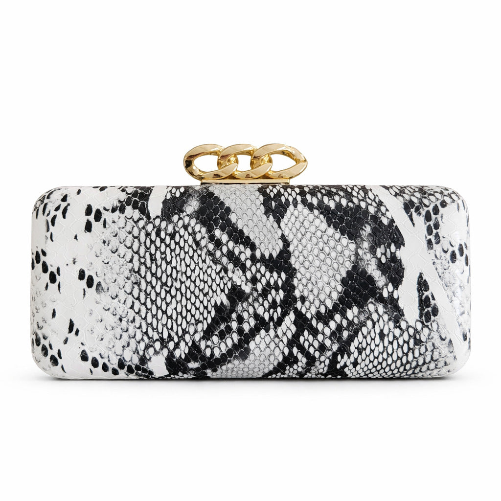 Snake Print Structured Clutch With Chain - Grey