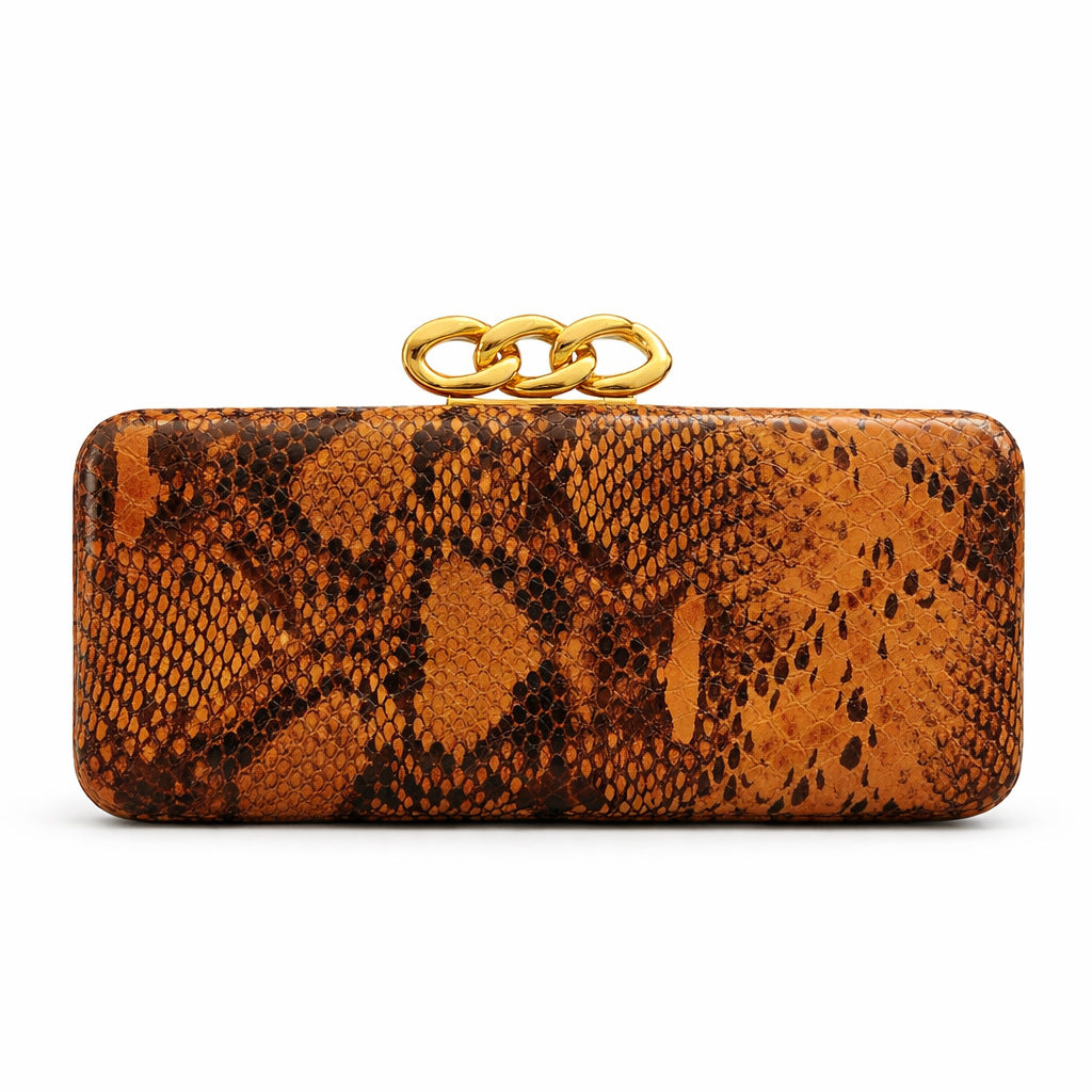 Snake Print Structured Clutch With Chain - Orange - 1