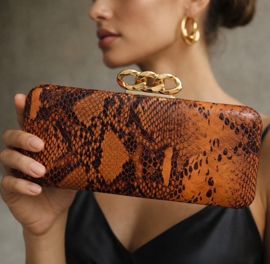 Snake Print Structured Clutch With Chain - Orange - 2