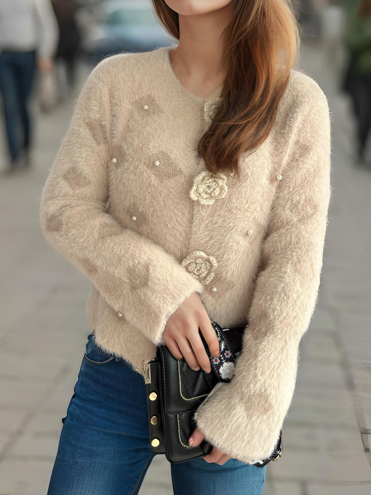 Rosette Button Fuzzy Faux Fur Cropped Coat - Apricot - 2