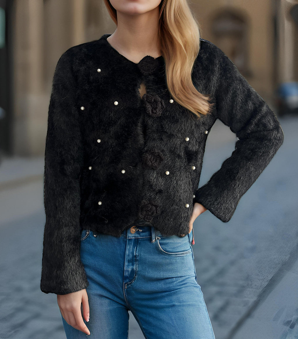 Rosette Button Fuzzy Faux Fur Cropped Coat - Black