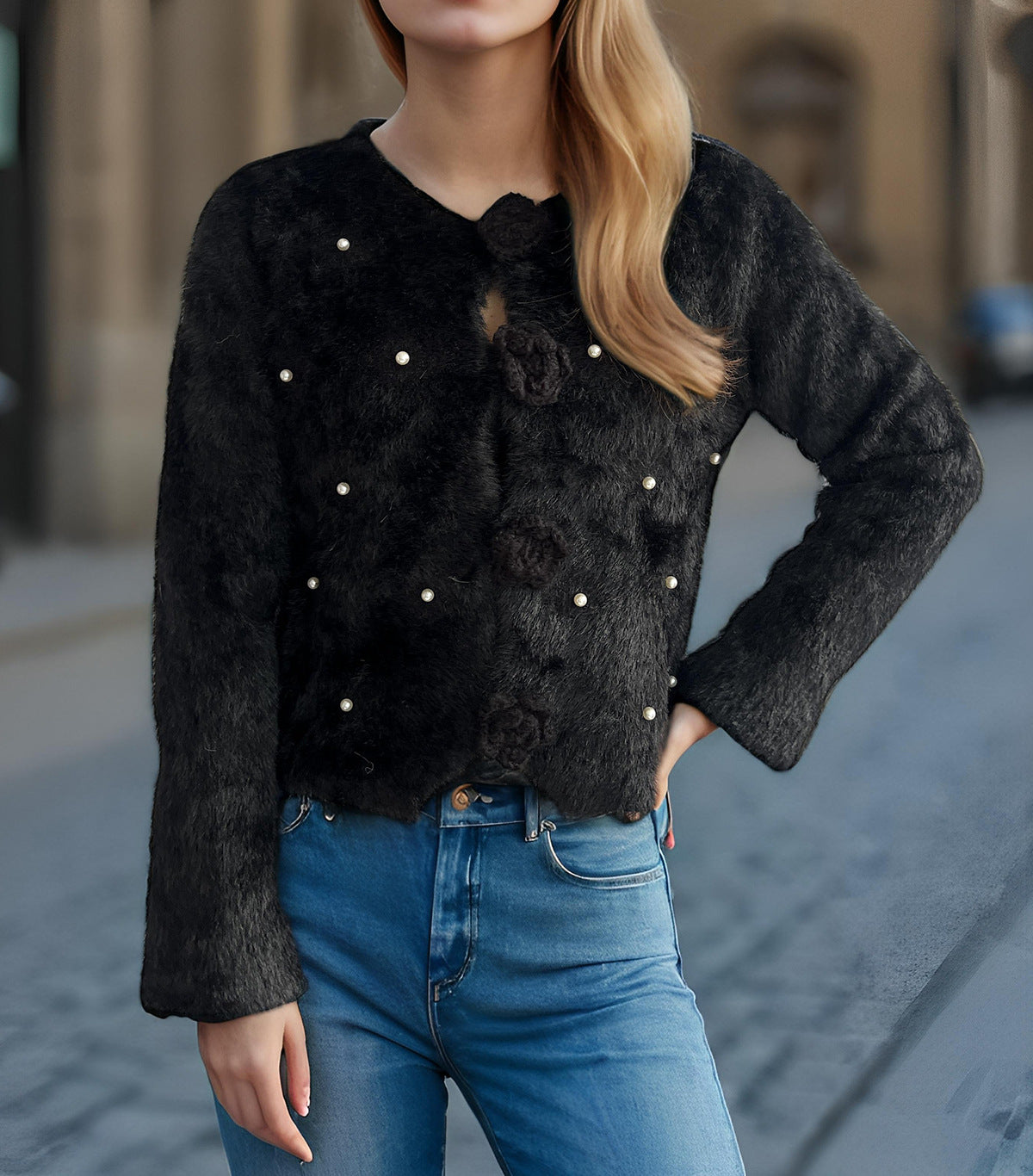 Rosette Button Fuzzy Faux Fur Cropped Coat - Black