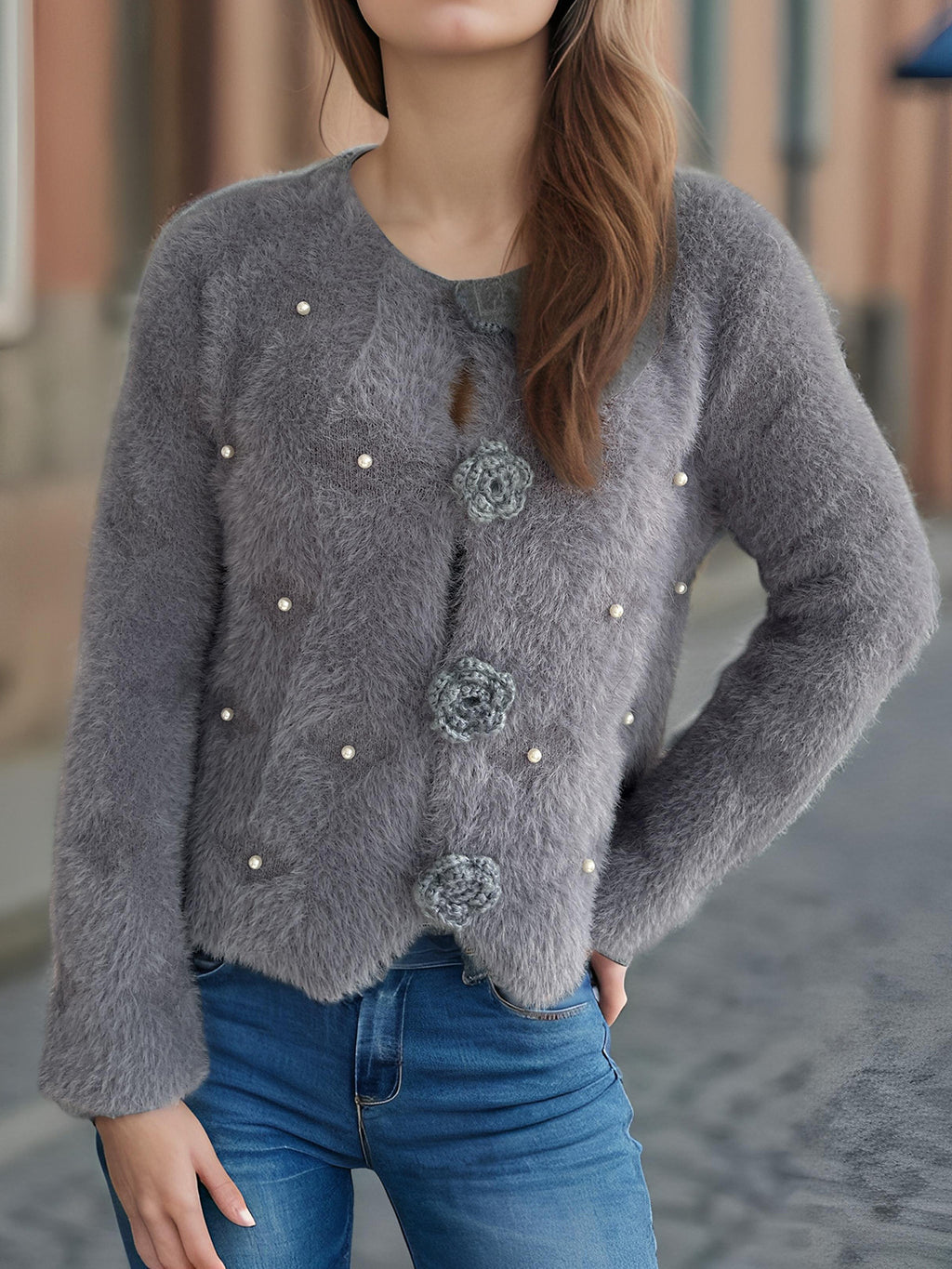 Rosette Button Fuzzy Faux Fur Cropped Coat - Grey - 1