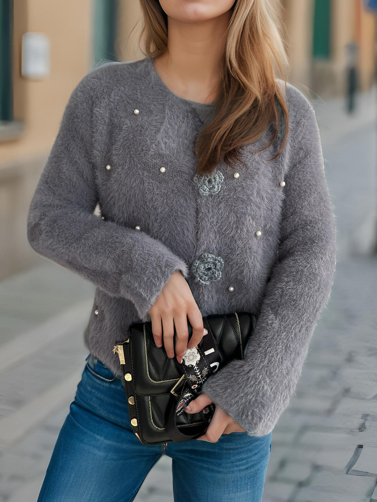 Rosette Button Fuzzy Faux Fur Cropped Coat - Grey - 2