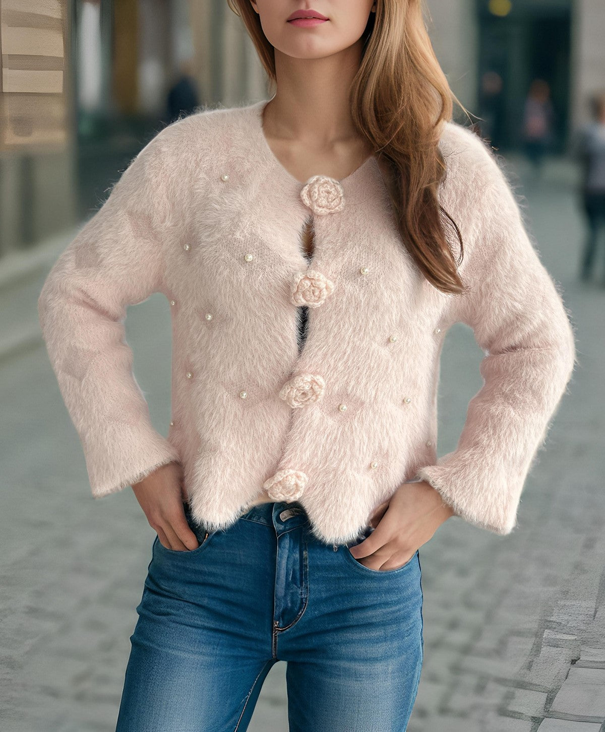 Rosette Button Fuzzy Faux Fur Cropped Coat - Pink - 2