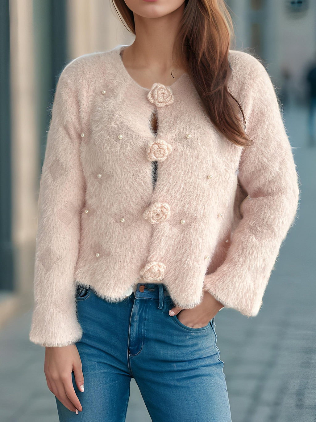 Rosette Button Fuzzy Faux Fur Cropped Coat - Pink - 3