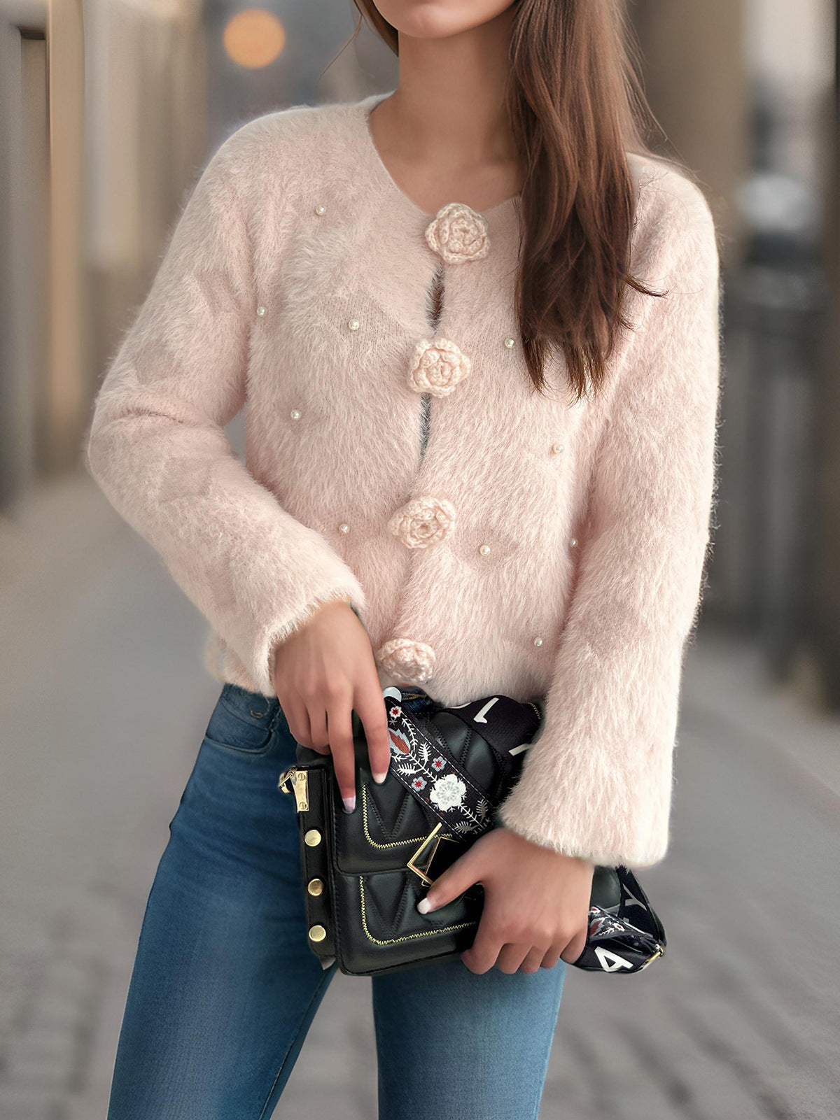 Rosette Button Fuzzy Faux Fur Cropped Coat - Pink - 5