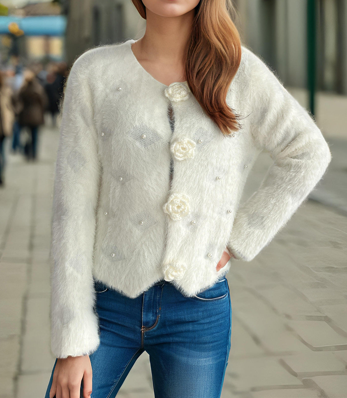 Rosette Button Fuzzy Faux Fur Cropped Coat - White