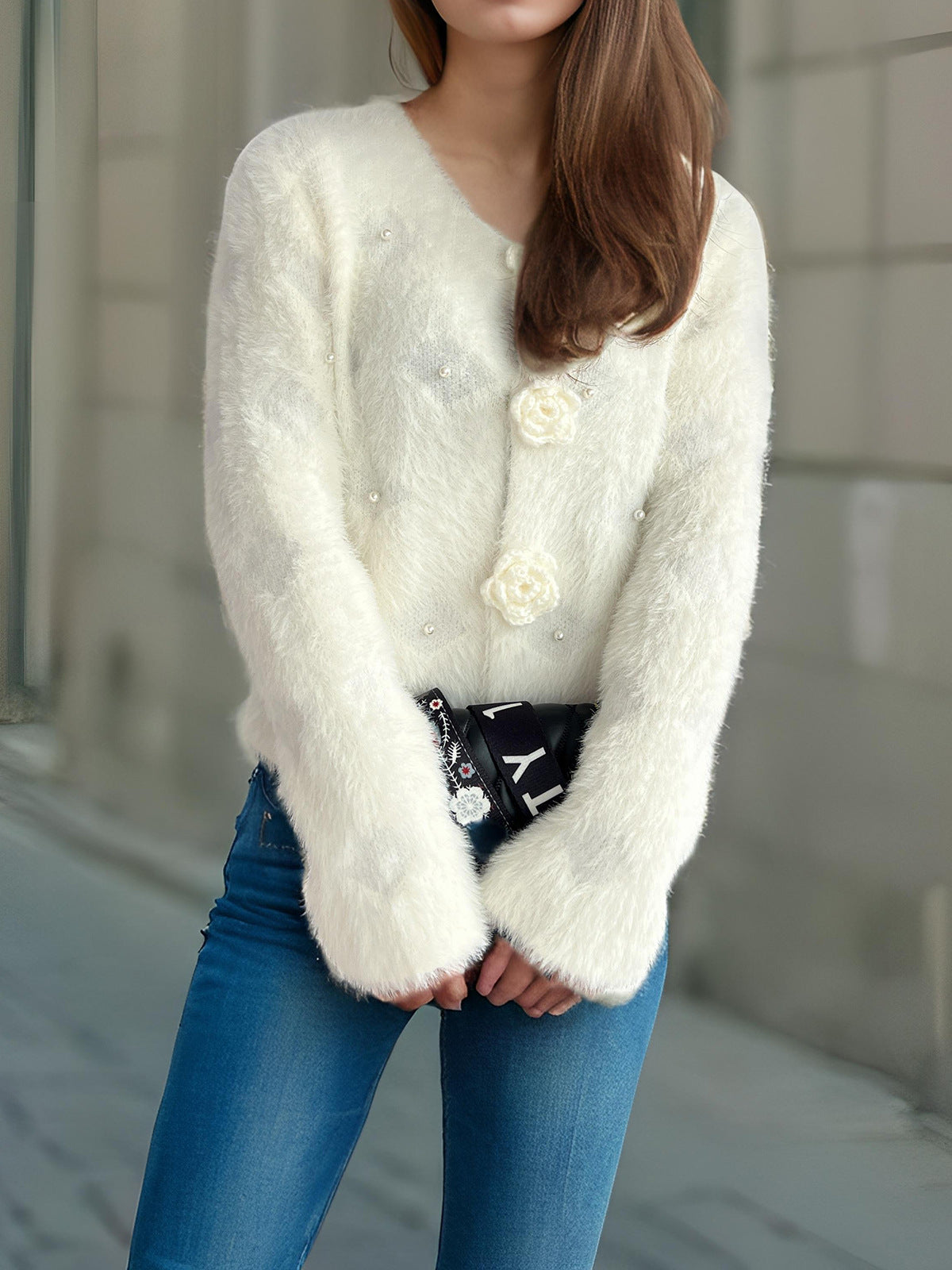 Rosette Button Fuzzy Faux Fur Cropped Coat - White - 1