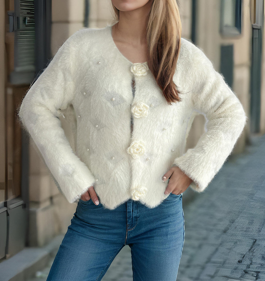 Rosette Button Fuzzy Faux Fur Cropped Coat - White - 2