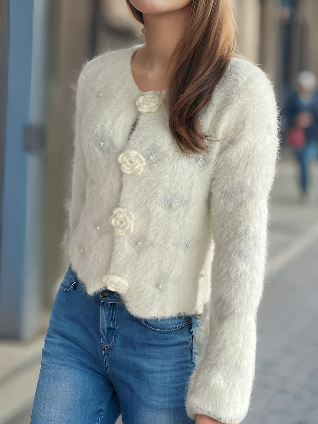 Rosette Button Fuzzy Faux Fur Cropped Coat - White - 3