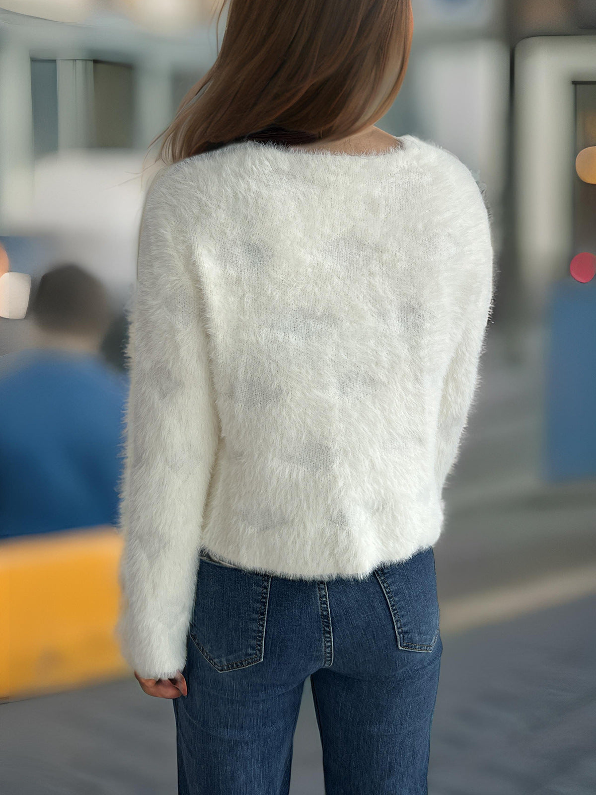Rosette Button Fuzzy Faux Fur Cropped Coat - White - 4
