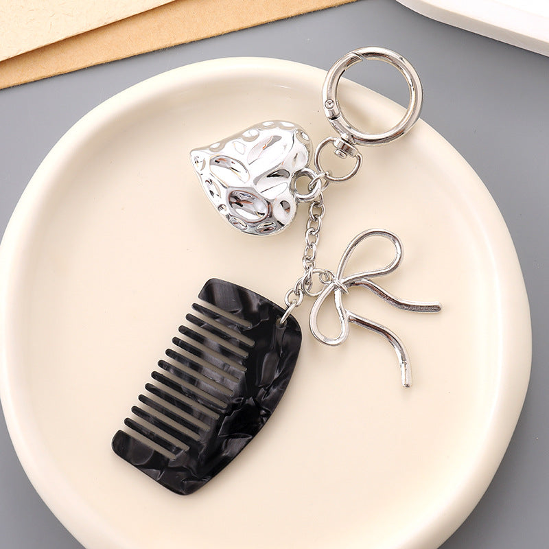 Heart Charm Mini Comb Bow Keychain - Black