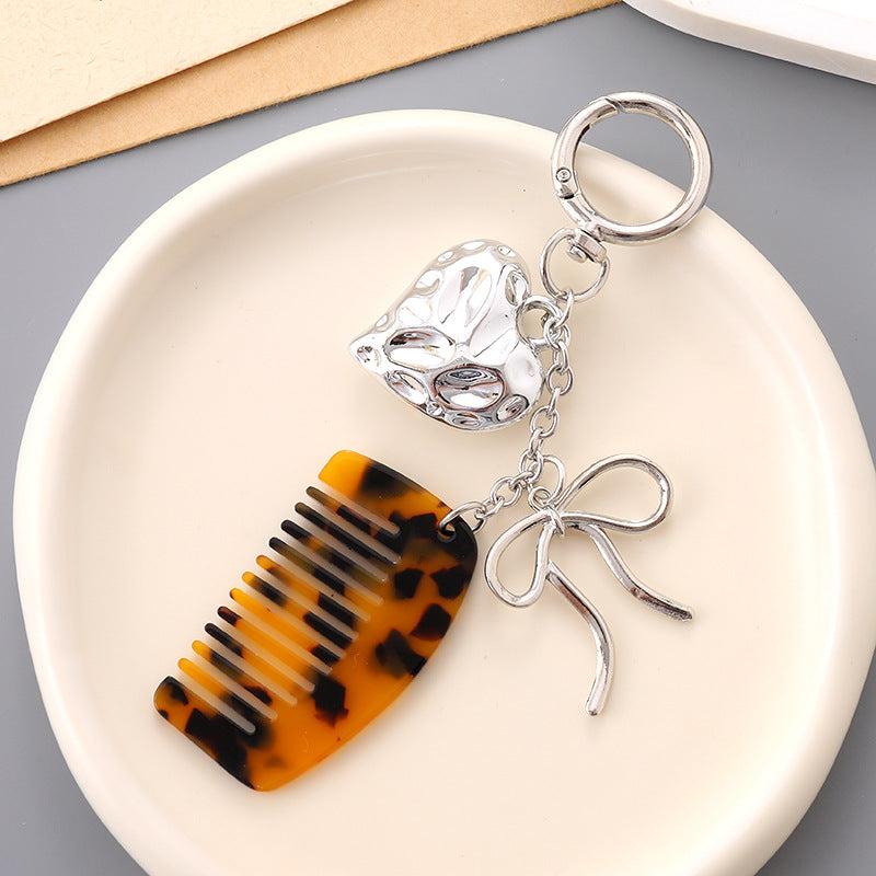 Heart Charm Mini Comb Bow Keychain - Leopard