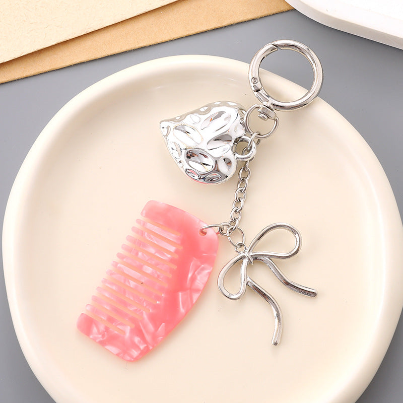Heart Charm Mini Comb Bow Keychain - Pink