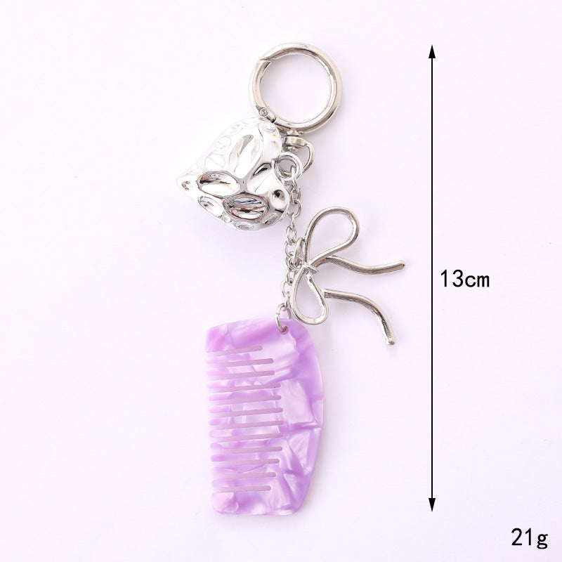 Heart Charm Mini Comb Bow Keychain - Purple