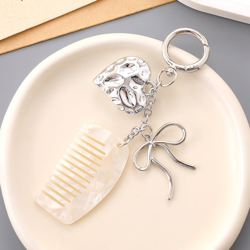 Heart Charm Mini Comb Bow Keychain - White