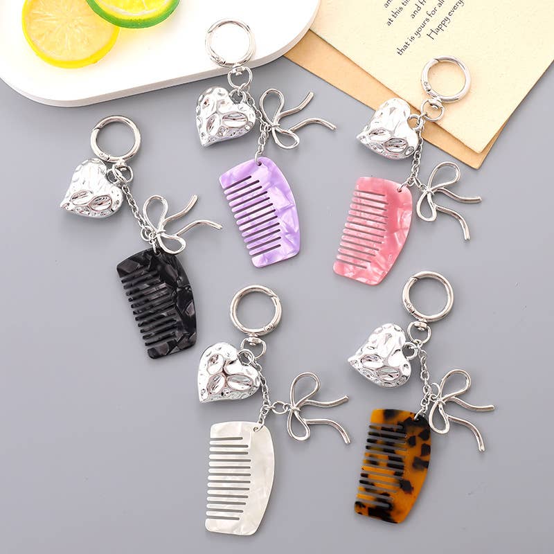 Heart Charm Mini Comb Bow Keychain