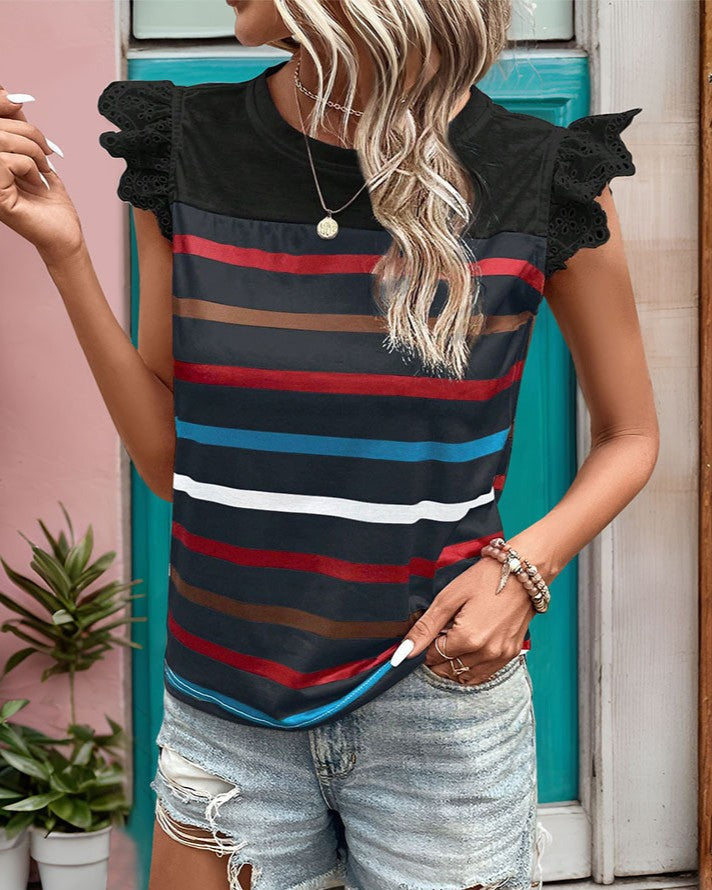 Striped Lace Trim Flutter Sleeve Tee - White - 3