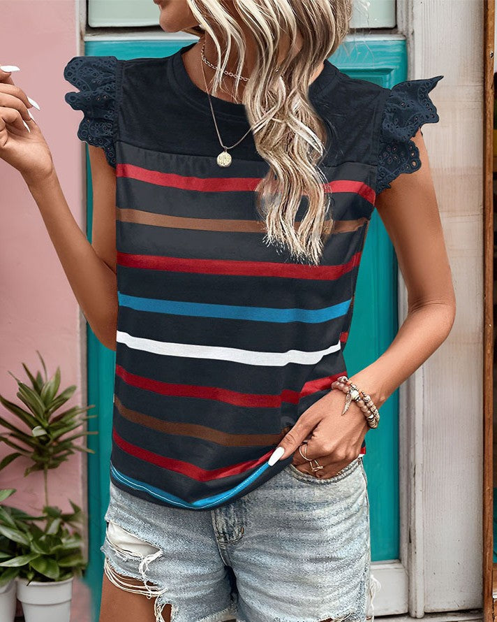 Striped Lace Trim Flutter Sleeve Tee - White - 5