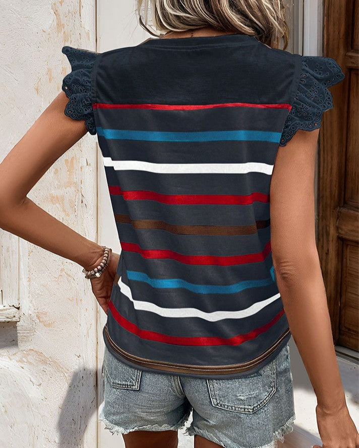 Striped Lace Trim Flutter Sleeve Tee - White - 6